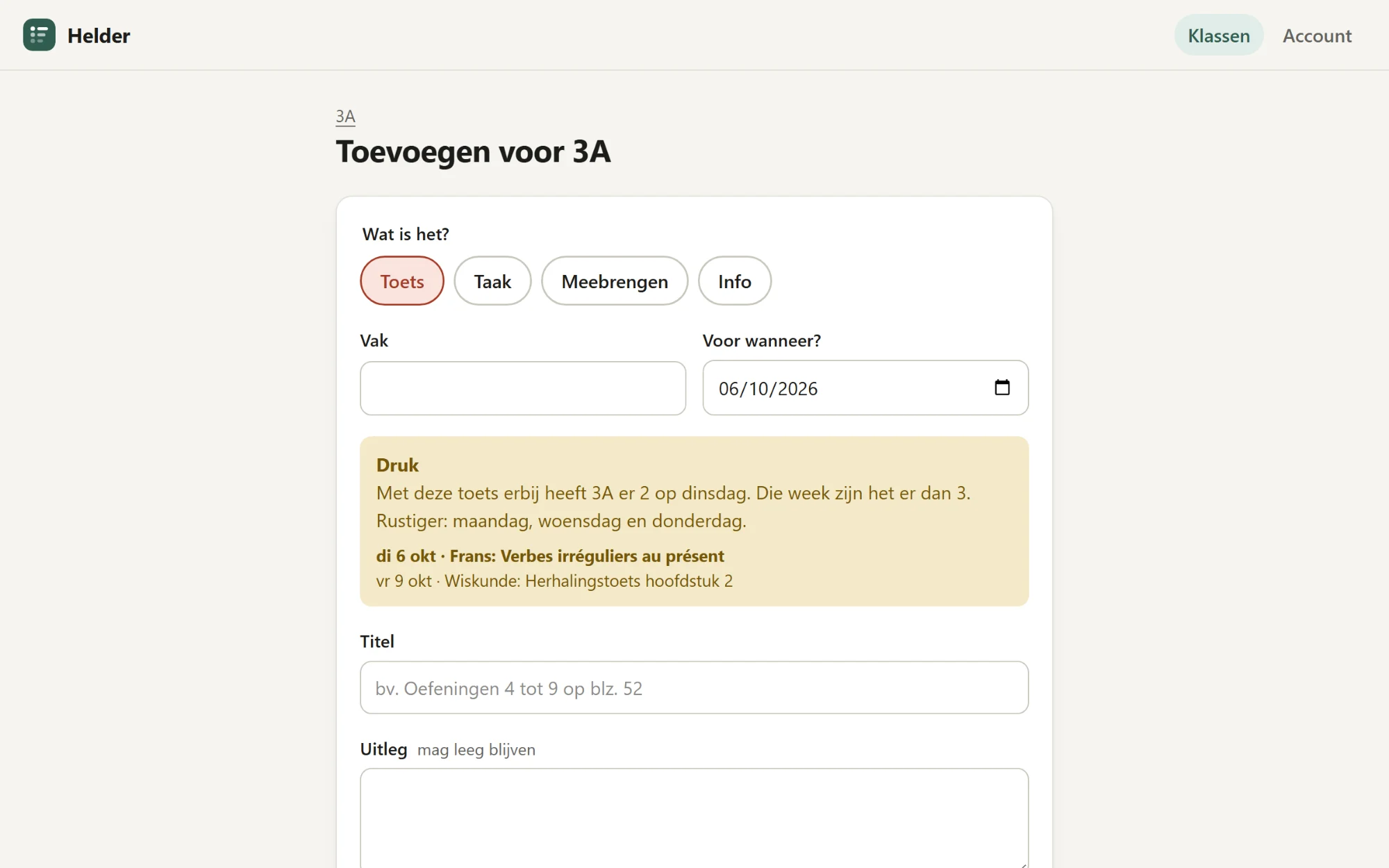 Een toets plannen: de toetsdruk van die week verschijnt terwijl je invult.