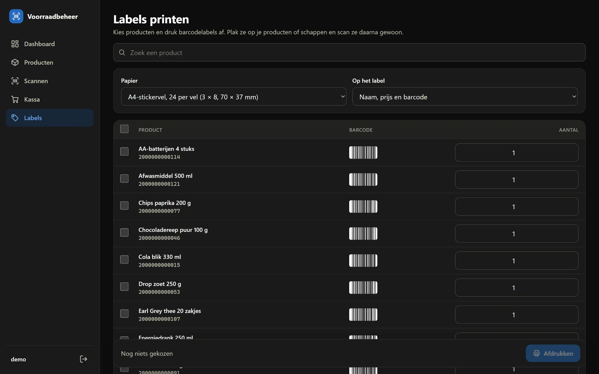 Labels kiezen en afdrukken op een stickervel of met een labelprinter.
