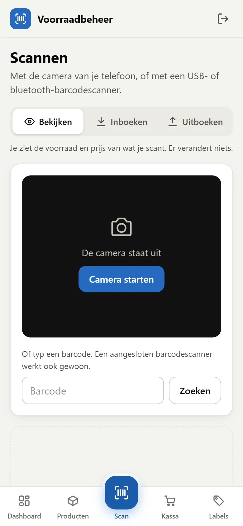 Op de telefoon: dashboard en scanner, met de navigatie binnen duimbereik.