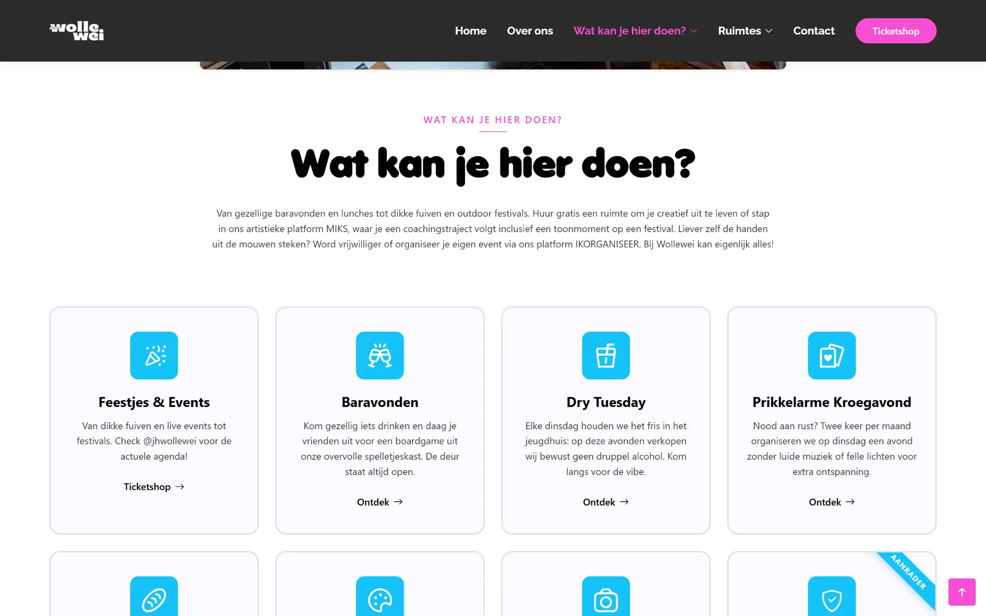 Alles wat je bij Wollewei kan doen, elk met een eigen pagina.
